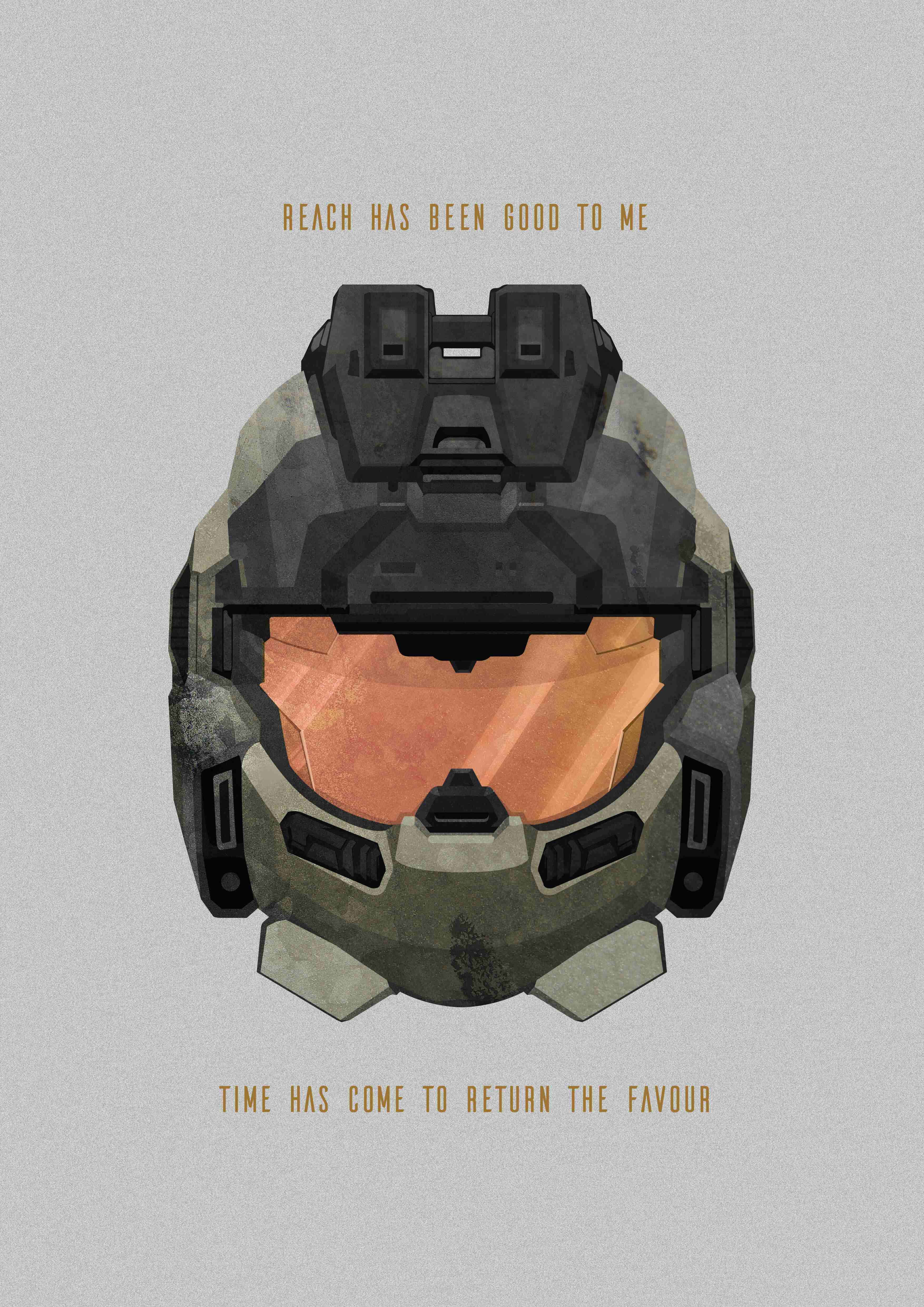 Jorge-052 桌布 壁紙 — 一個風格化的插圖，展示Halo Master Chief頭盔，帶有橙色面罩，背景為柔和的灰色。