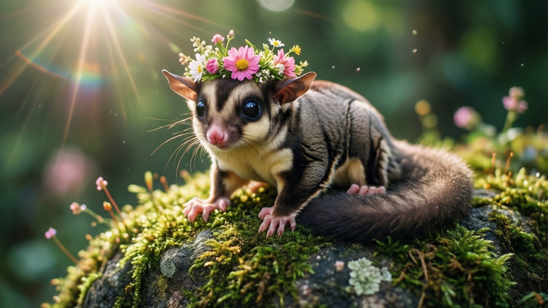 Flower Crown Glider 壁紙 — 一隻戴著粉紅色花冠的蜜袋鼯坐在長滿苔蘚的石頭上，陽光在它身後迸發。