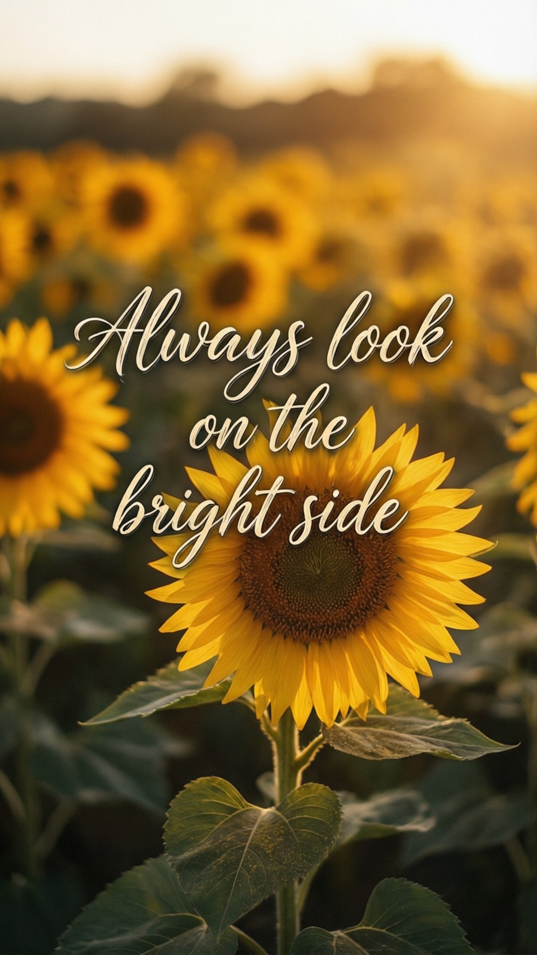 Bright Side Sunflower Quote 壁紙 — 向日葵田沐浴在金黃色的日落光中，短語 always look on the bright side 優雅地寫在鮮豔的花朵上。