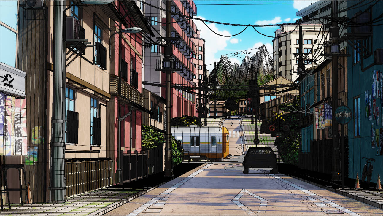 動漫街景，火車穿過狹窄的城市小巷。
