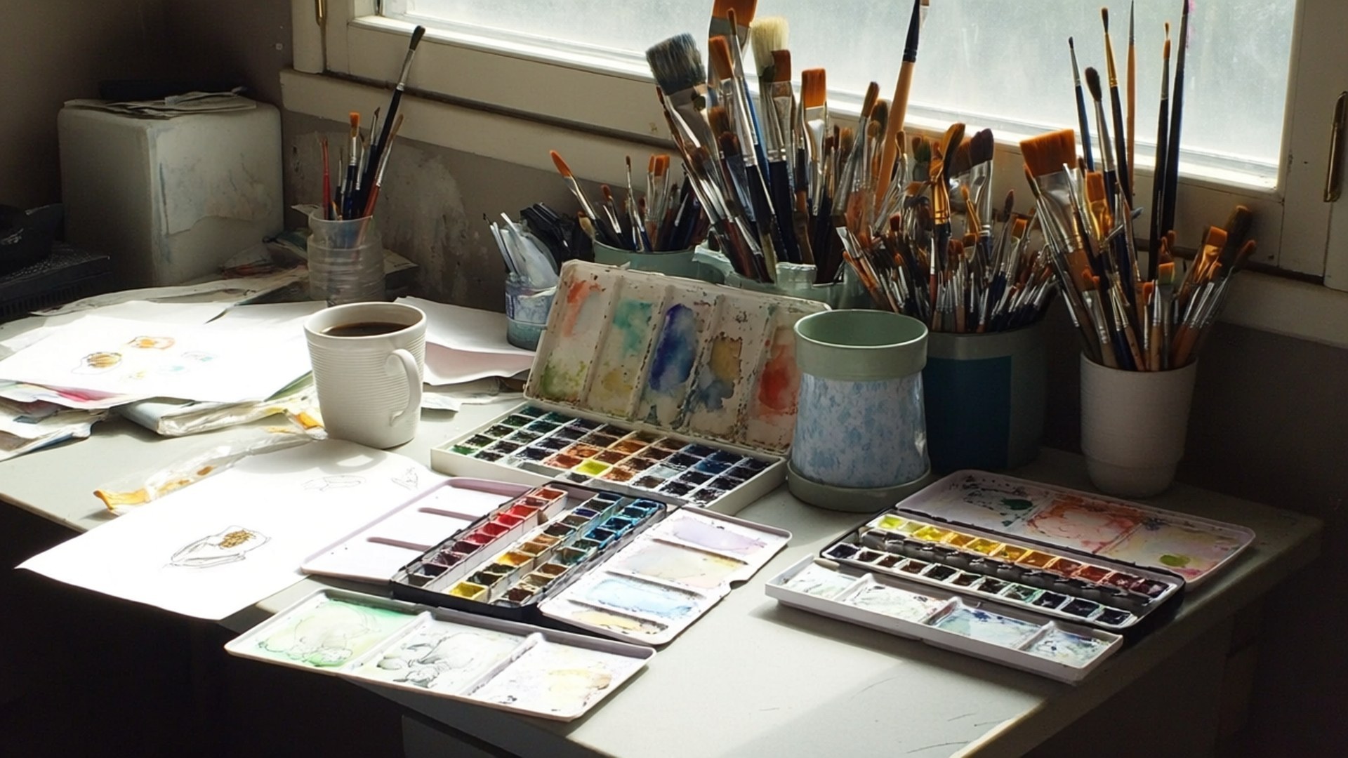 Artist's Creative Mess 壁紙 — 陽光普照的藝術家書桌，窗邊散落著水彩顏料、畫筆和素描。