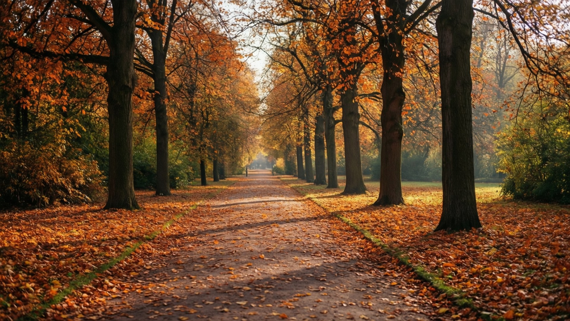 Tiergarten Autumn Walk 壁紙 — 一條陽光普照的秋天小徑，兩旁高聳的樹木將金黃色的落葉灑落在蜿蜒的泥土路上。