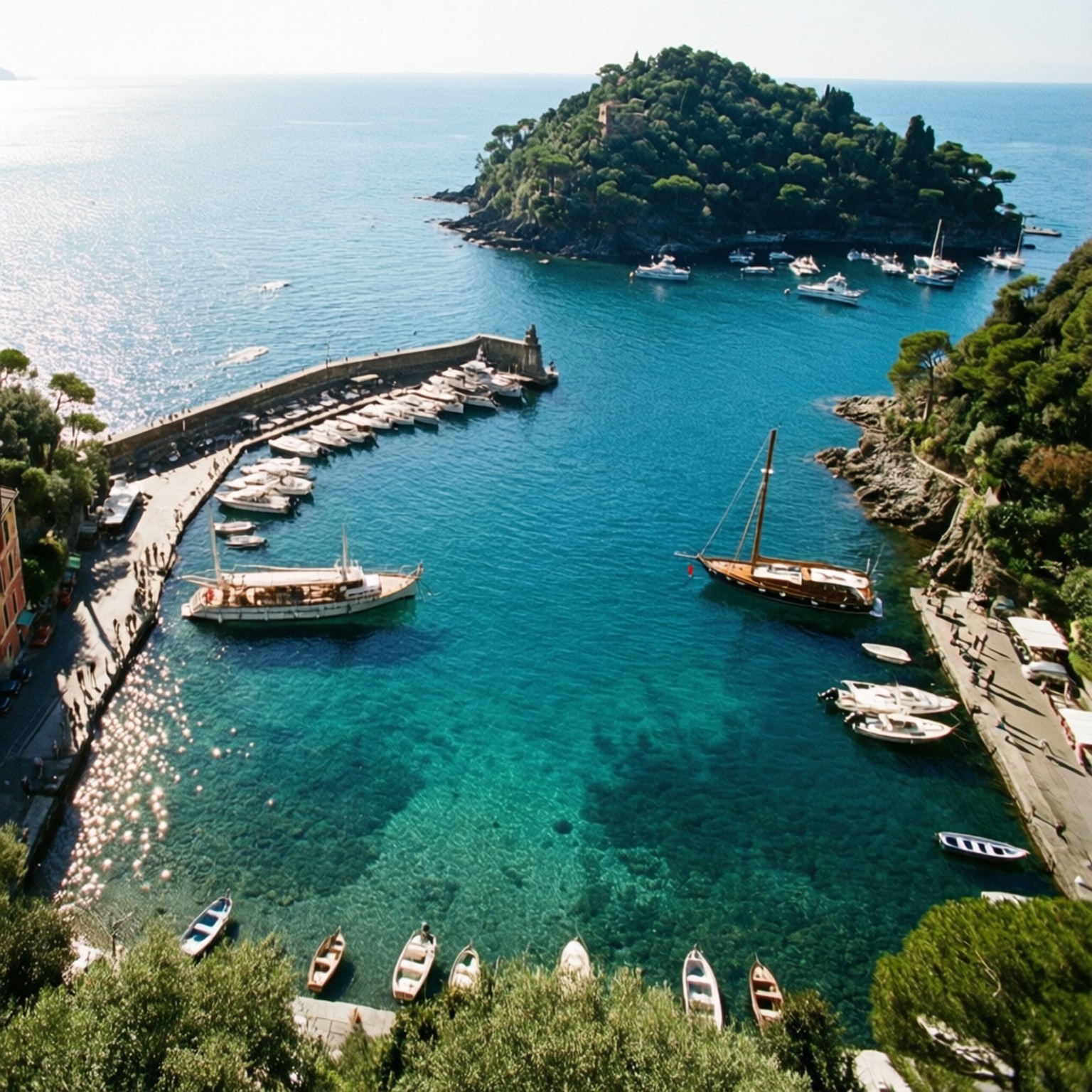 Portofino Harbor Entrance Top-Down 壁紙 — 一個陽光明媚的海岸港口，有碧綠的海水、停泊在石碼頭旁的船隻，以及遠處一個樹木茂密的島嶼。