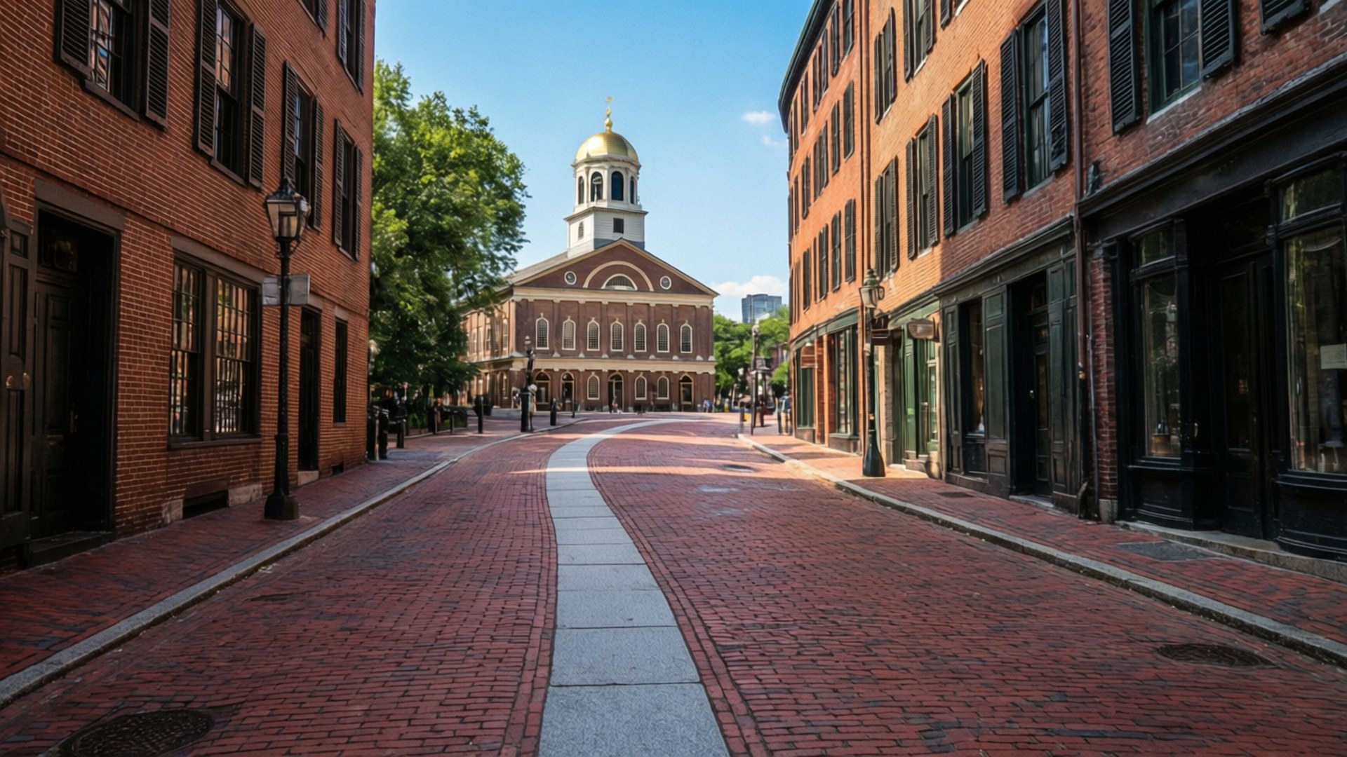 Freedom Trail Boston 壁紙 — 一條陽光普照的鵝卵石街道，兩旁是歷史悠久的磚砌建築，通往一座擁有金色圓頂的大教堂。