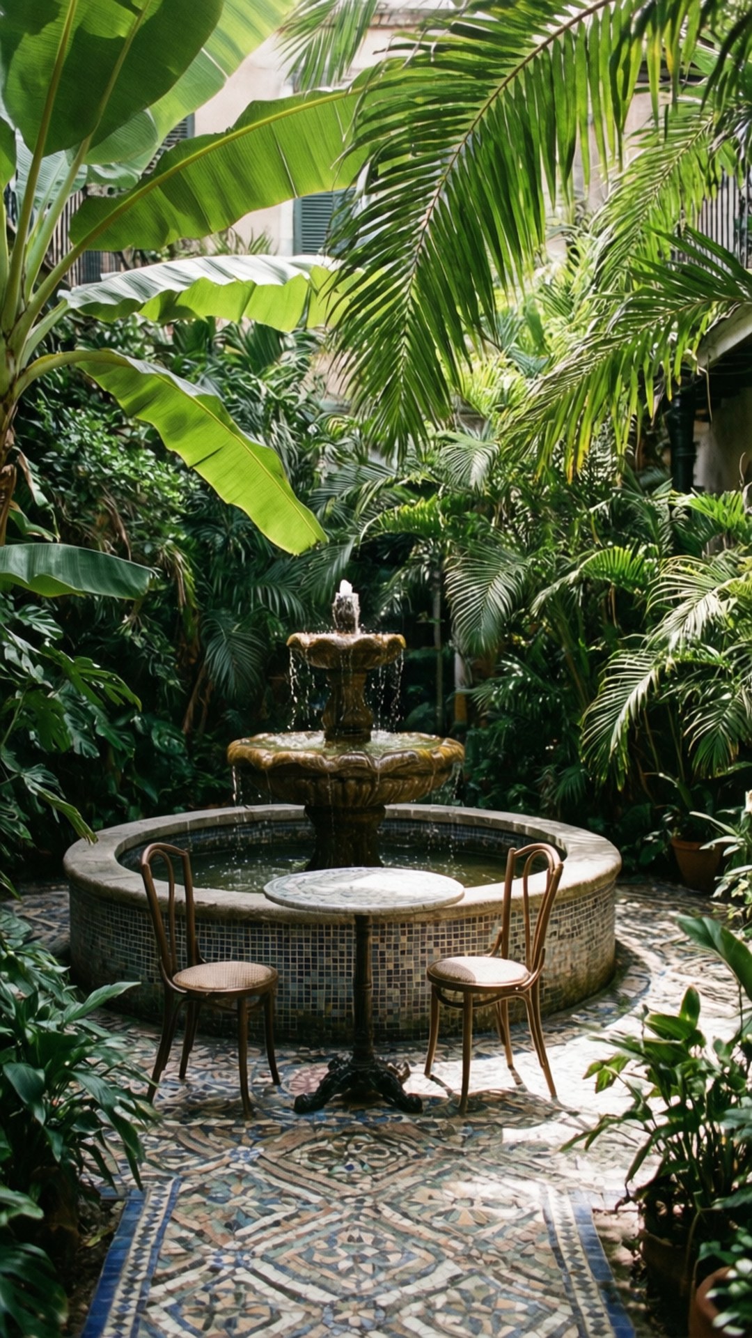 Hidden Courtyard Oasis 壁紙 — 一個陽光普照的庭院噴泉，周圍環繞著茂密的熱帶植物，兩側有兩張木椅在馬賽克瓷磚小徑上。