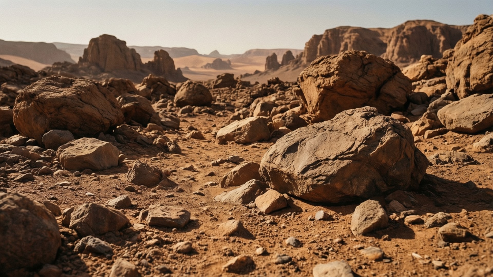 Rocky Mars Terrain 壁紙 — 陽光普照的沙漠景觀，散佈著巨石和遠處的岩層，天空蒼白。