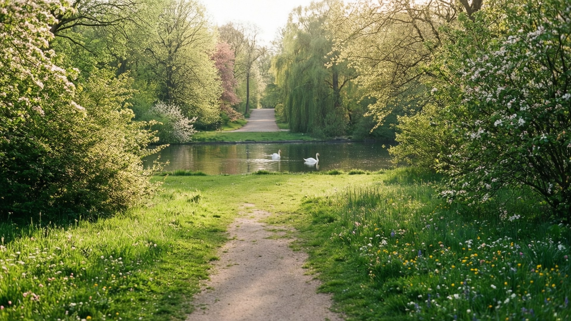 Tiergarten Spring Path 壁紙 — 一條陽光普照的泥路蜿蜒穿過一個綠意盎然的公園，有盛開的樹木和兩隻天鵝在平靜的池塘上滑行。
