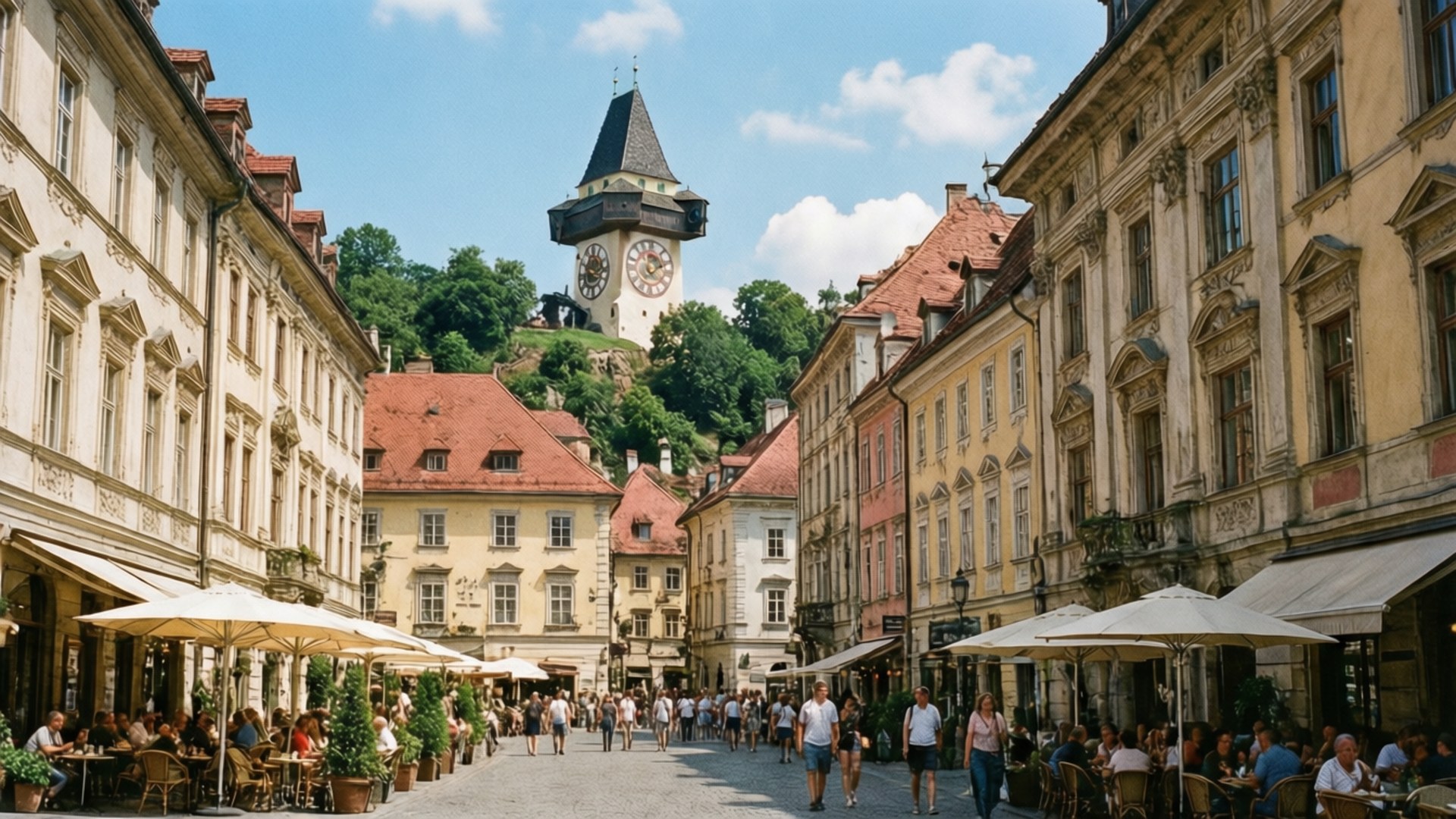 Graz Schlossberg View 壁紙 — 一個陽光明媚的歐洲小鎮廣場，擁有歷史建築、咖啡館和一座聳立在綠色山丘上的鐘樓。