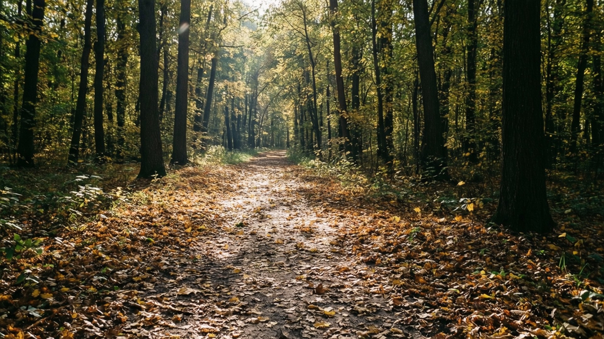 Autumn Forest Path at Paneriai 壁紙 — 一條陽光普照的森林小徑，鋪滿金黃色的秋葉，在高大的樹木間伸向遠方。