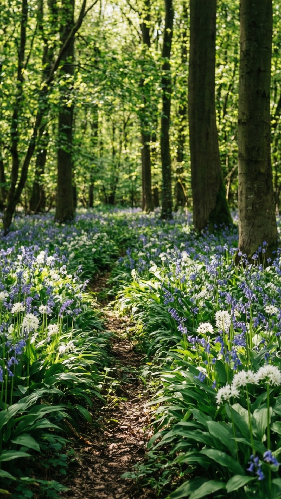 Woodland Spring Path 壁紙 — 一條陽光明媚的森林小徑蜿蜒穿過高樹下藍鈴花和白色蔥花的地毯。