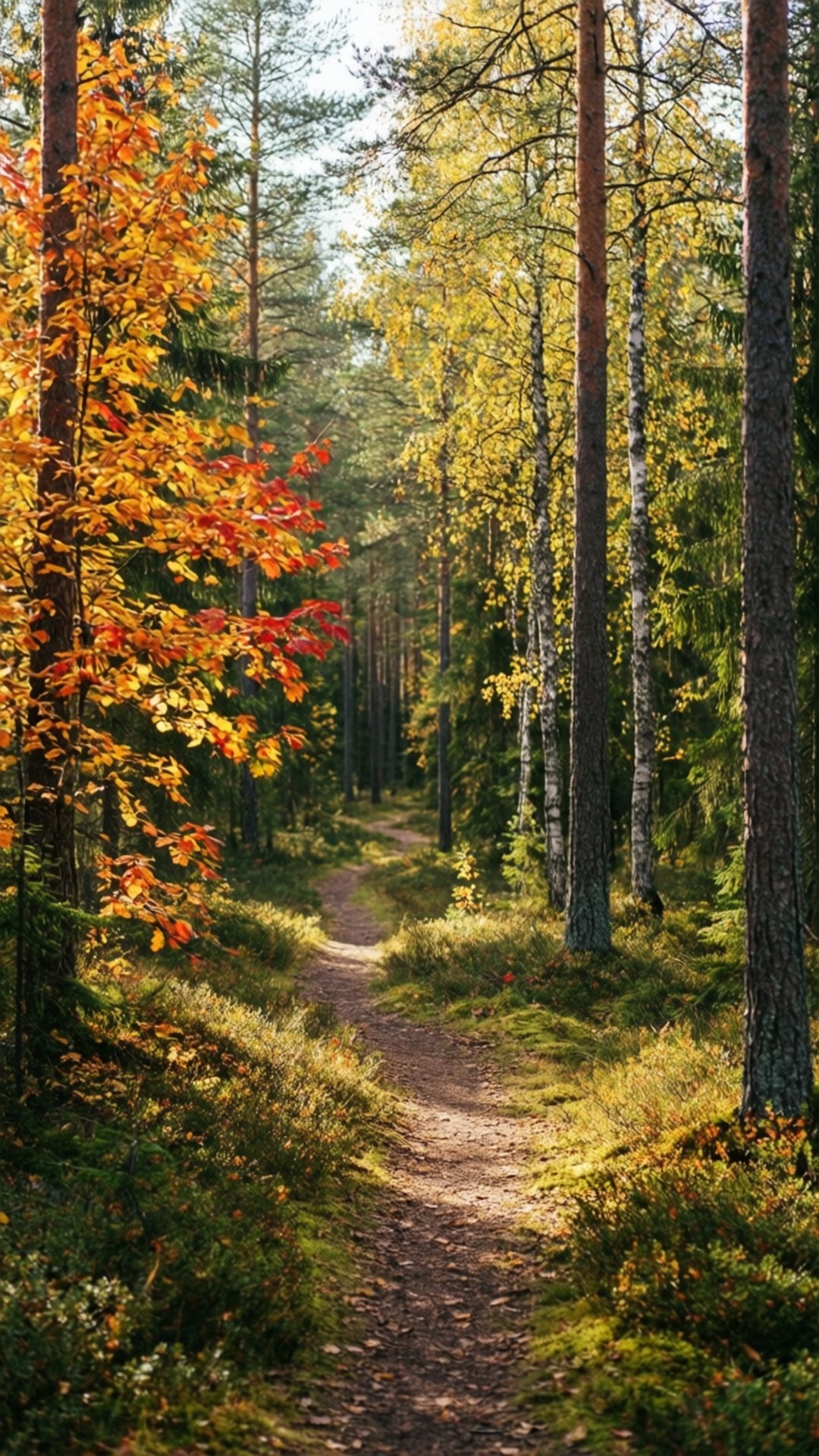 Finnish Autumn Forest Path 壁紙 — 一條陽光普照的森林小徑蜿蜒穿過高大的樹木，鮮豔的橙色和黃色秋葉在綠色苔蘚和樹皮的映襯下閃閃發光。