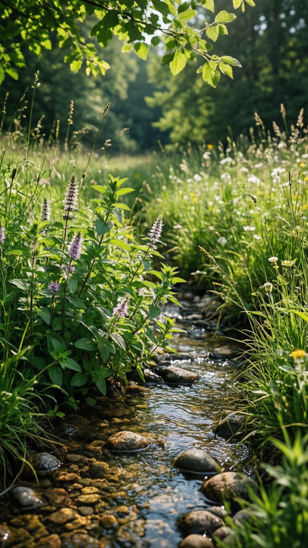 Streamside Meadow 壁紙 — 一條陽光普照的森林溪流流過光滑的石頭，穿過茂密的綠草和紫色野花。