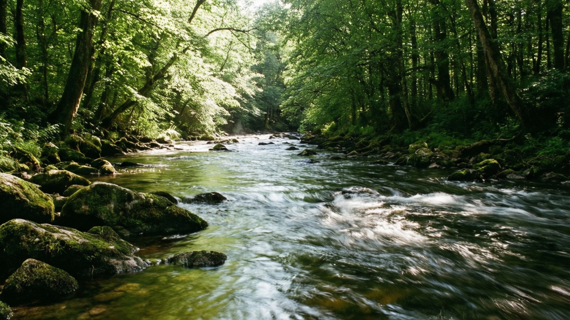 River of Life 壁紙 — 一條陽光明媚的森林溪流，流過長滿苔蘚的岩石，穿過茂密的綠樹。