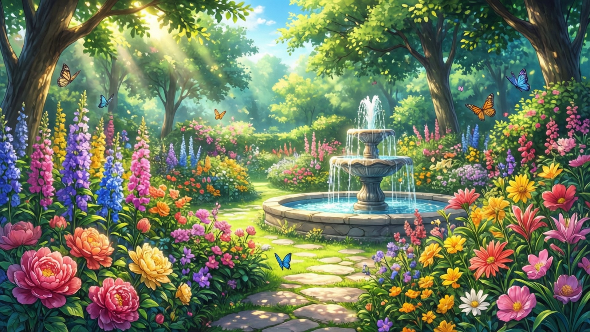 Blooming Garden Path 壁紙 — 一個陽光明媚的花園，充滿了五顏六色的花朵和翩翩起舞的蝴蝶，環繞著一個石頭噴泉，上方是綠樹成蔭。
