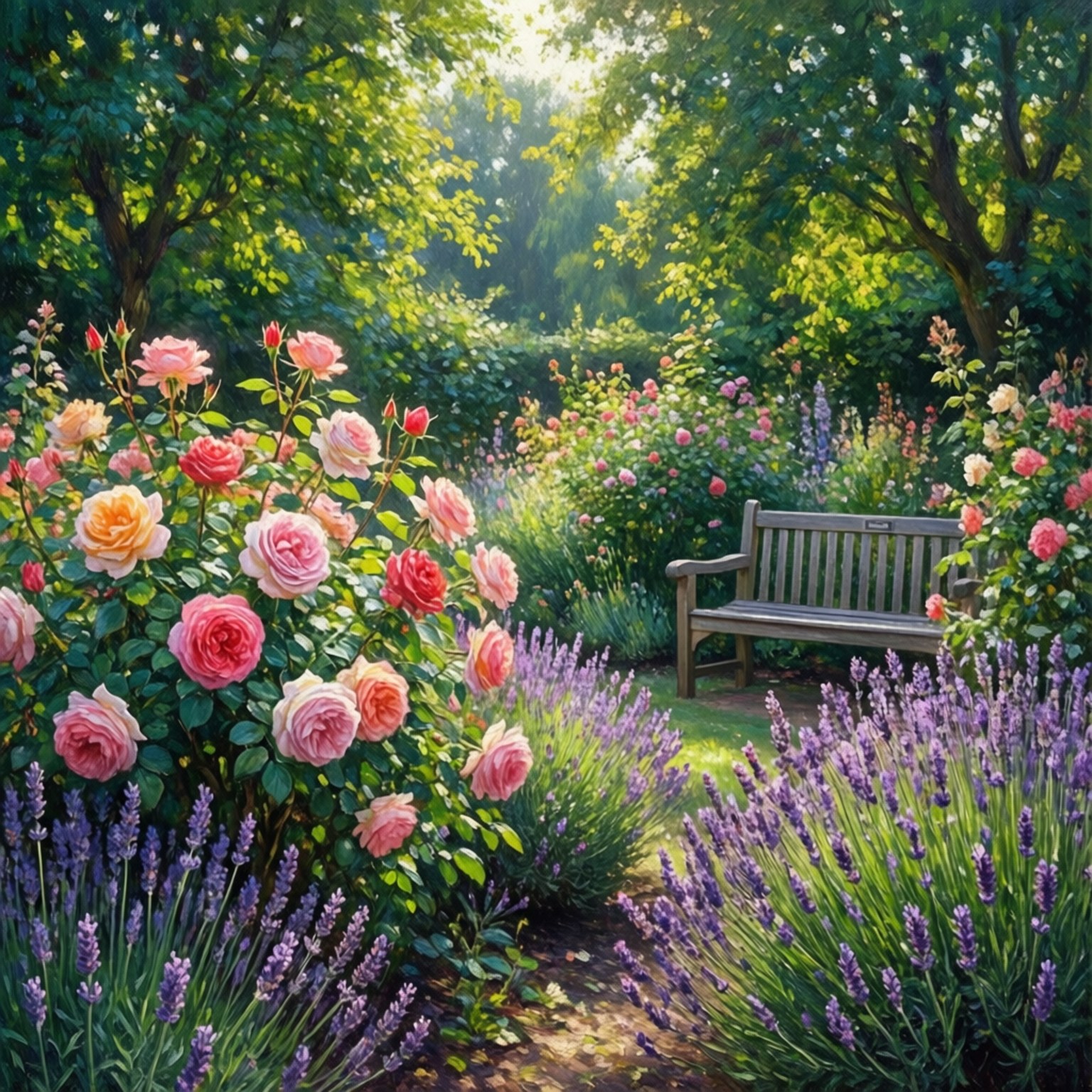 Garden of Light 壁紙 — 一條陽光普照的花園小徑，兩旁開滿粉紅玫瑰和紫色薰衣草，通往一張藏在茂密綠樹中的木長椅。