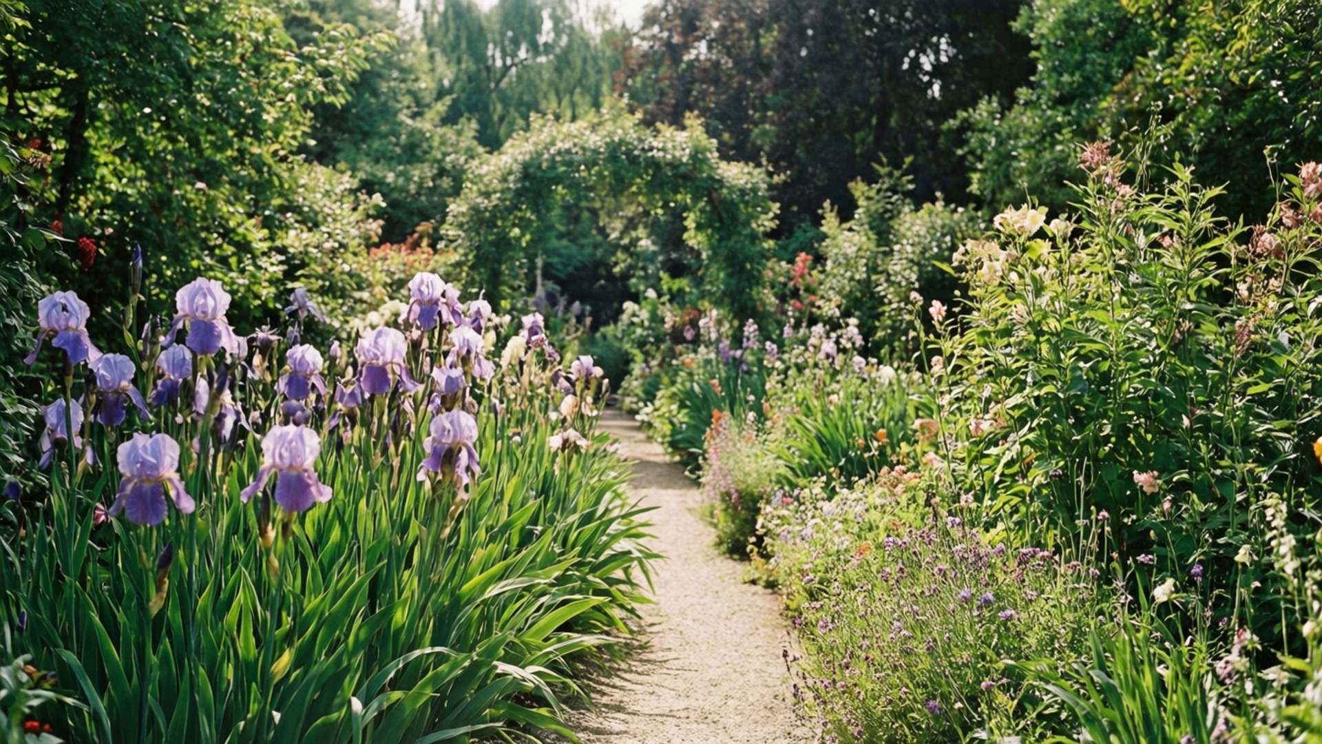 Garden Path Giverny 壁紙 — 一條陽光普照的花園小徑蜿蜒穿過茂密的綠植，兩旁是鮮豔的紫色鳶尾花和野花。