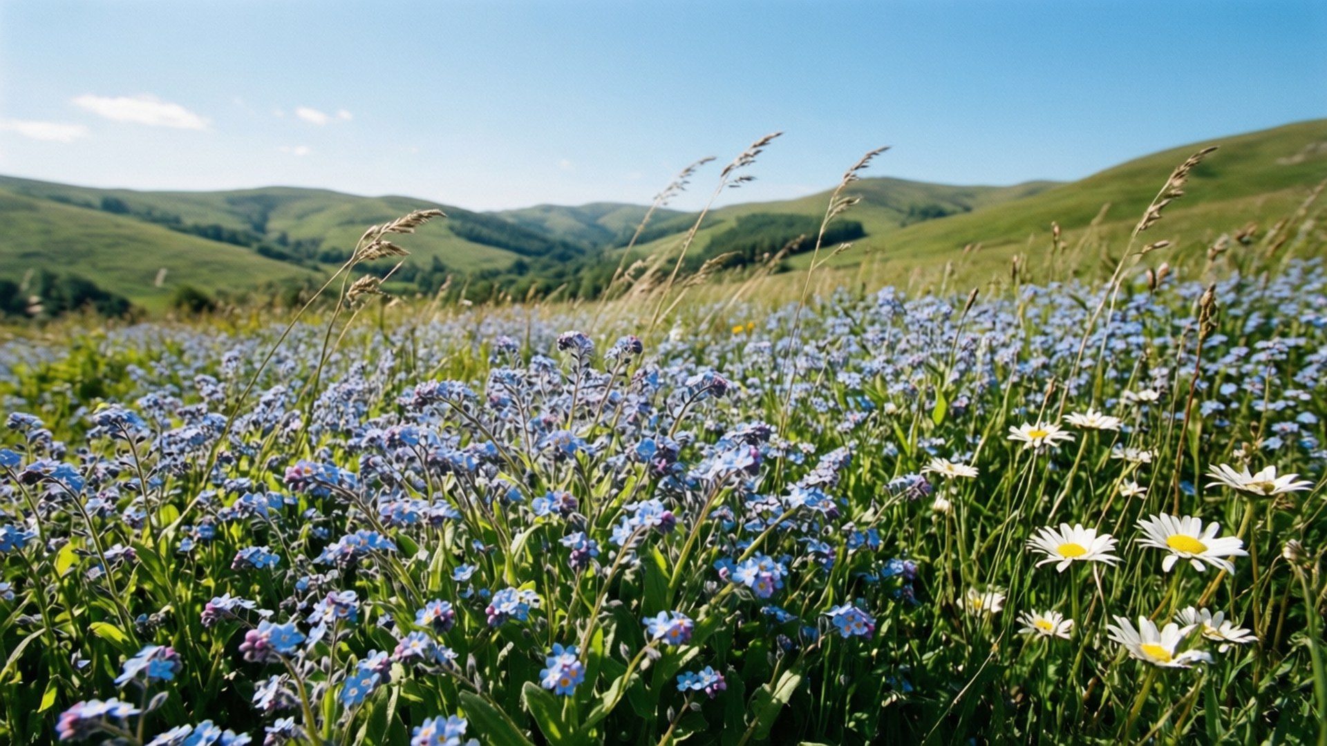 Wild Forget-Me-Not Meadow 壁紙 — 陽光明媚的草地上，藍色勿忘我和白色雛菊在連綿起伏的綠色山丘上搖曳，天空清澈湛藍。