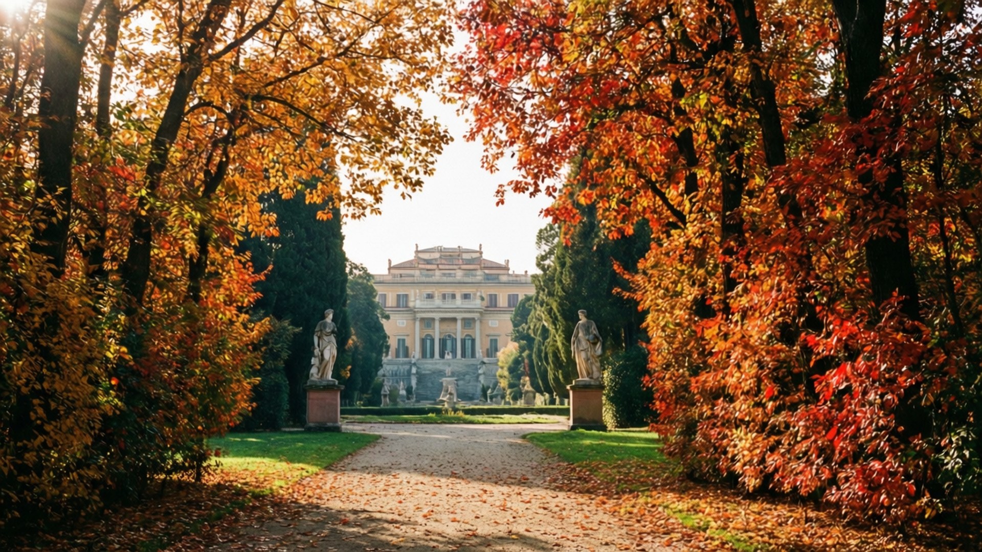 Autumn in Borghese 壁紙 — 一條陽光普照的小徑，兩旁是火紅和金黃的秋樹，通向一座宏偉的古典別墅，兩旁有雕像和修剪整齊的樹籬。