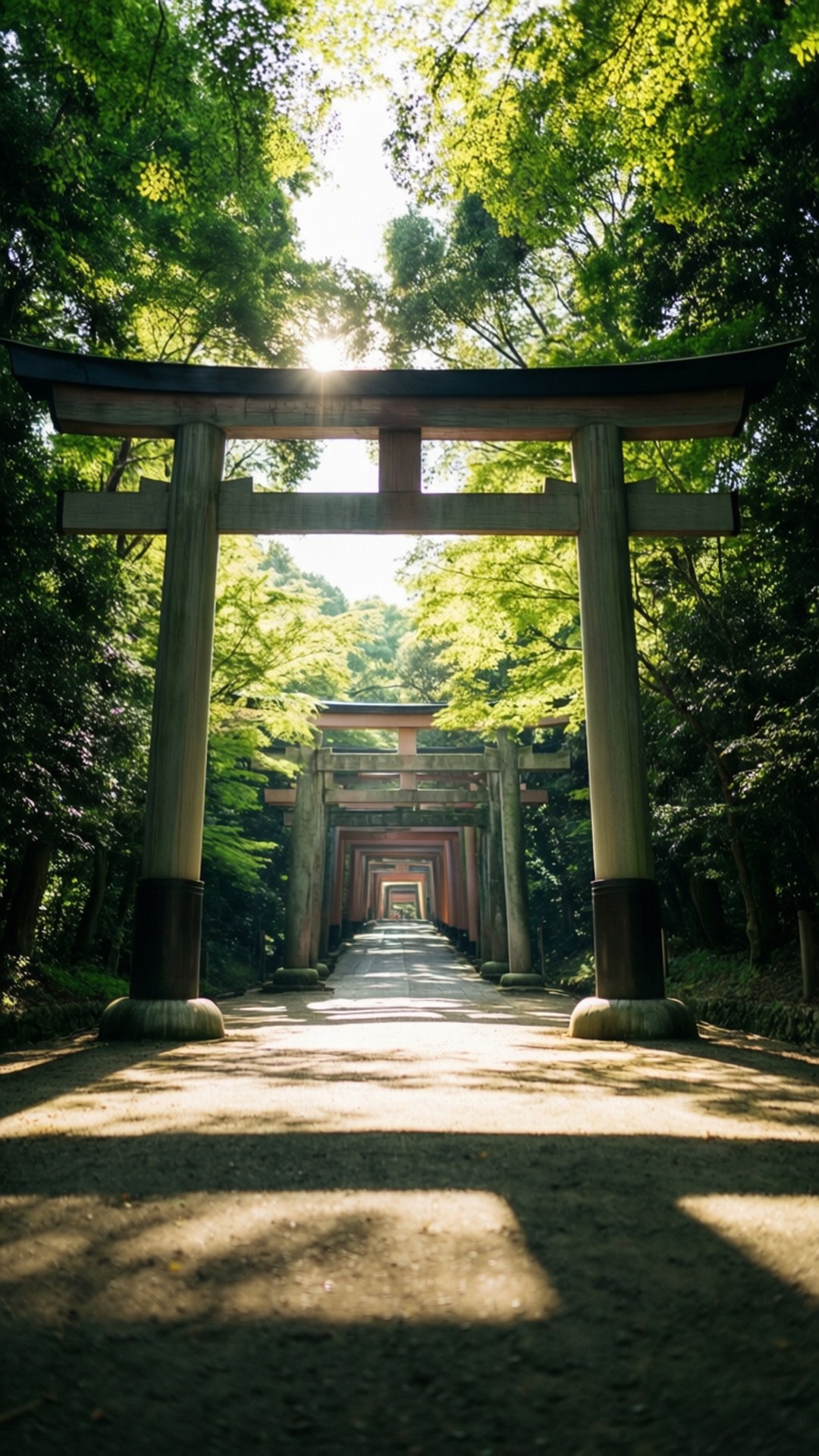 Path Through Torii 壁紙 — 一條陽光普照的小路，兩旁是高聳的木製鳥居，逐漸消失在茂密的綠色森林樹冠中。