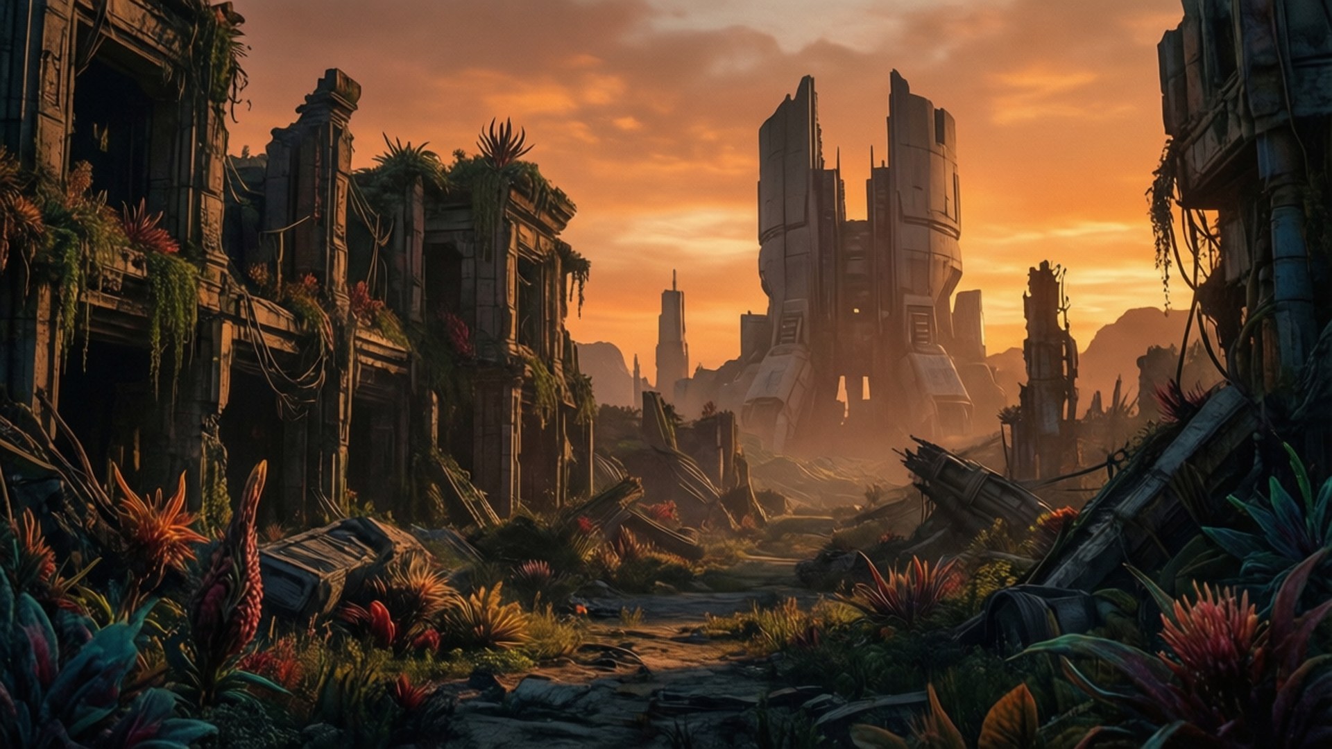 Aegis VII Sunset Ruins 壁紙 — 一條陽光普照的小徑蜿蜒穿過未來城市雜草叢生的廢墟，高聳的破碎建築和充滿活力的外星植物。