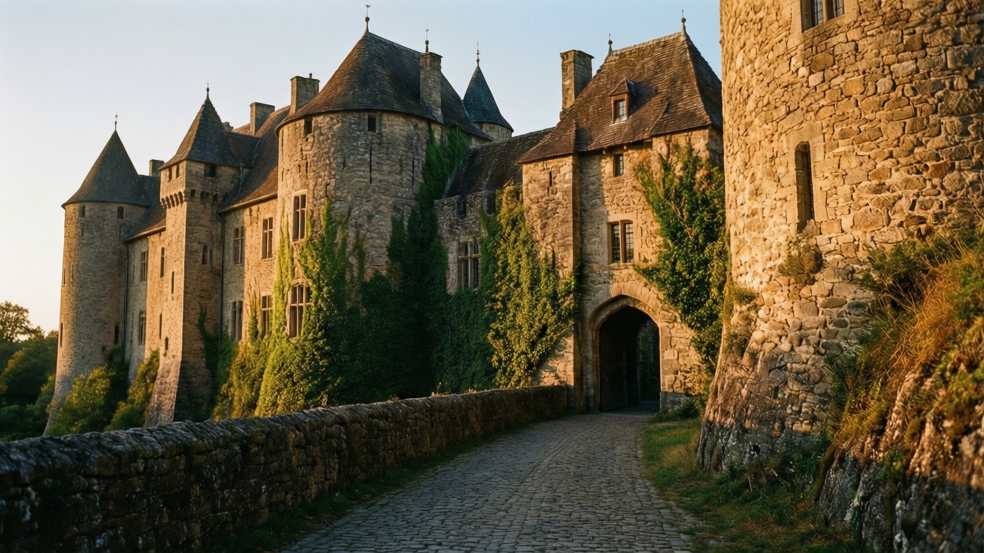 Medieval Castle at Golden Hour 壁紙 — 一座陽光普照的石頭城堡，牆上爬滿常春藤，屋頂呈圓錐形，旁邊有一條鵝卵石小路通往其拱形入口。