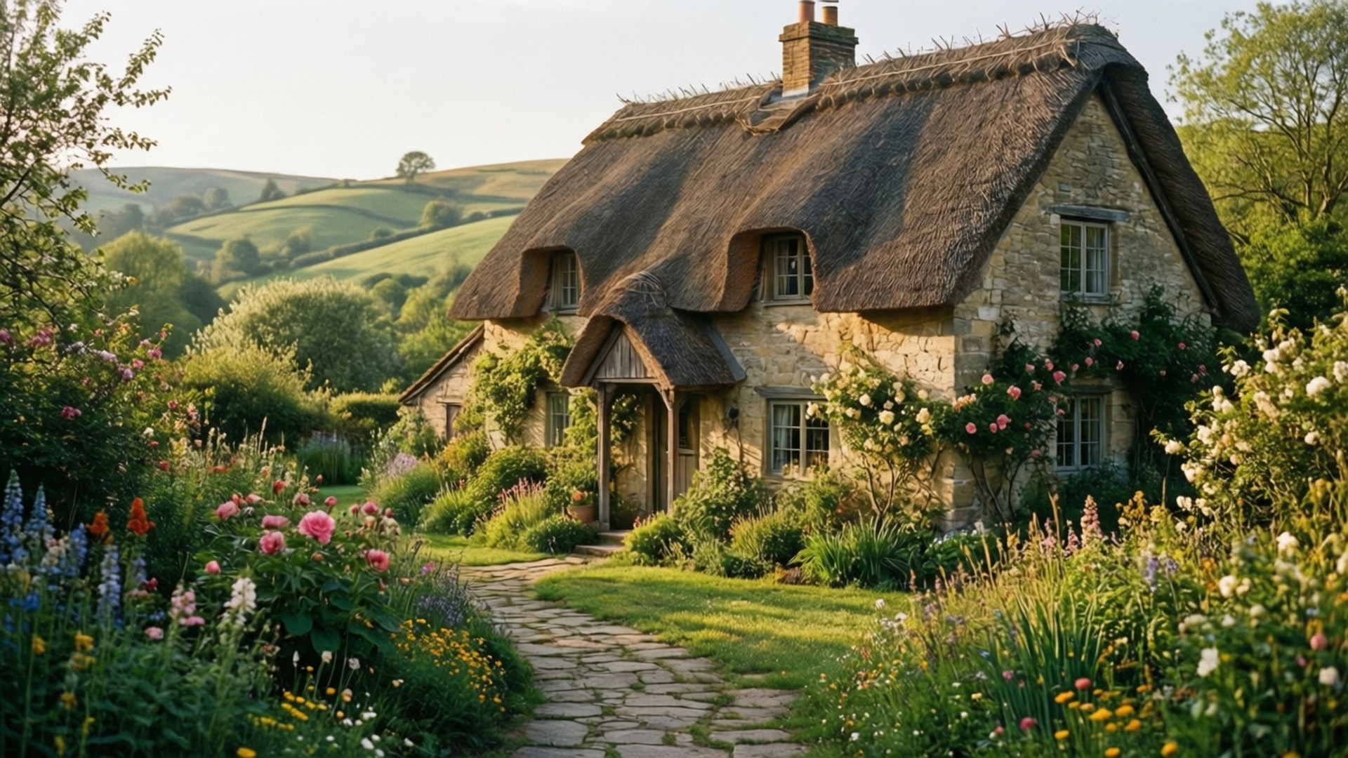 Charming Thatched Cottage 壁紙 — 一間陽光明媚的石頭小屋，茅草屋頂，坐落在充滿野花和攀緣玫瑰的 vibrant 花園中。