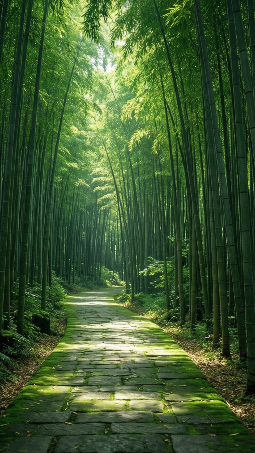 一條長滿苔蘚的石徑蜿蜒穿過高大的竹林，陽光透過綠色樹冠過濾。 — iPad 壁紙