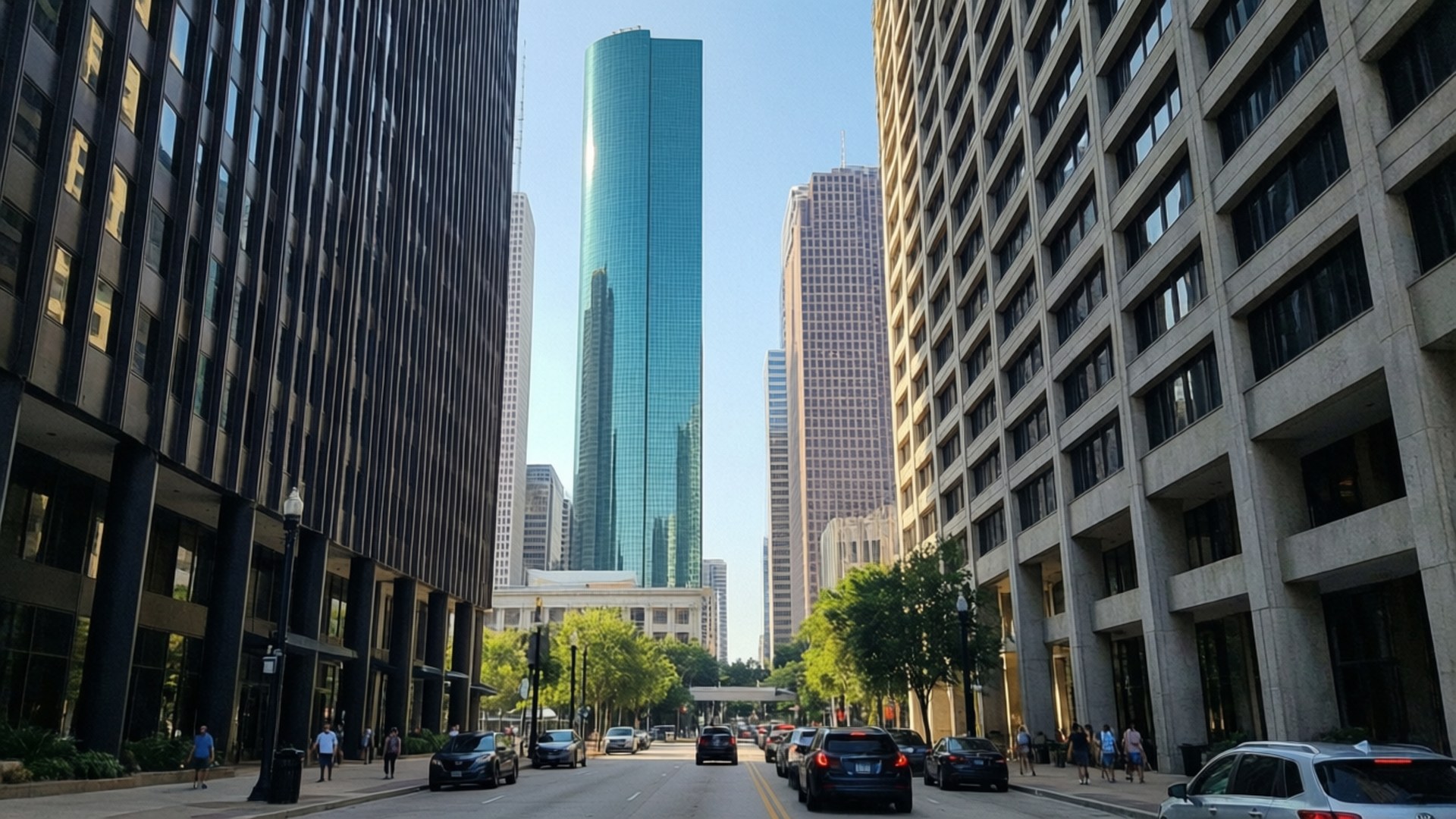 Downtown Houston Street 壁紙 — 一條陽光普照的城市街道，兩旁是高聳的摩天大樓，中央有一座引人注目的青綠色玻璃塔樓。