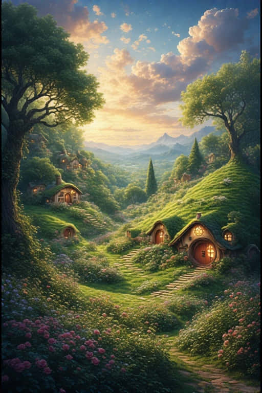 發光的窗戶的小屋坐落在草地上，周圍環繞著樹木和粉紅色的花朵，天空多雲。 — 4K 壁紙