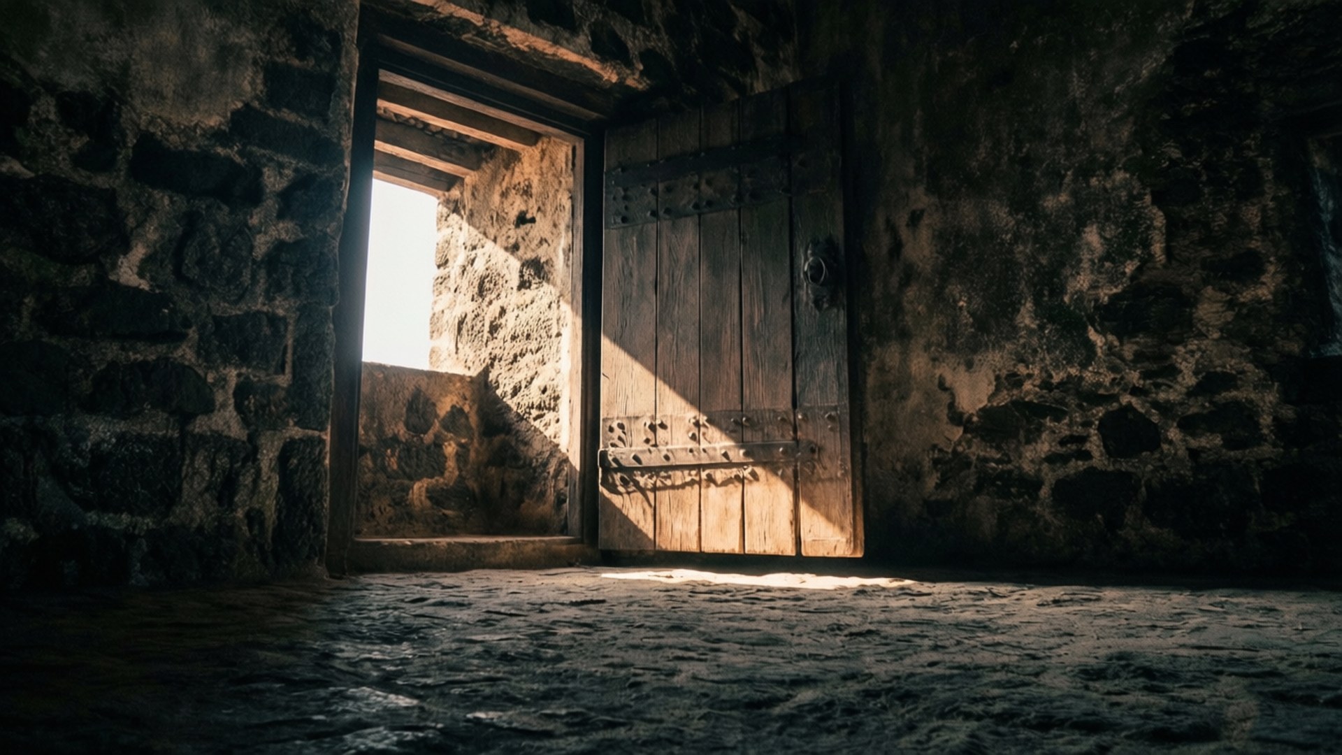 Door of No Return 壁紙 — 一扇陽光照射的木門在石牆房間中，在鵝卵石地板上投下長長的陰影。