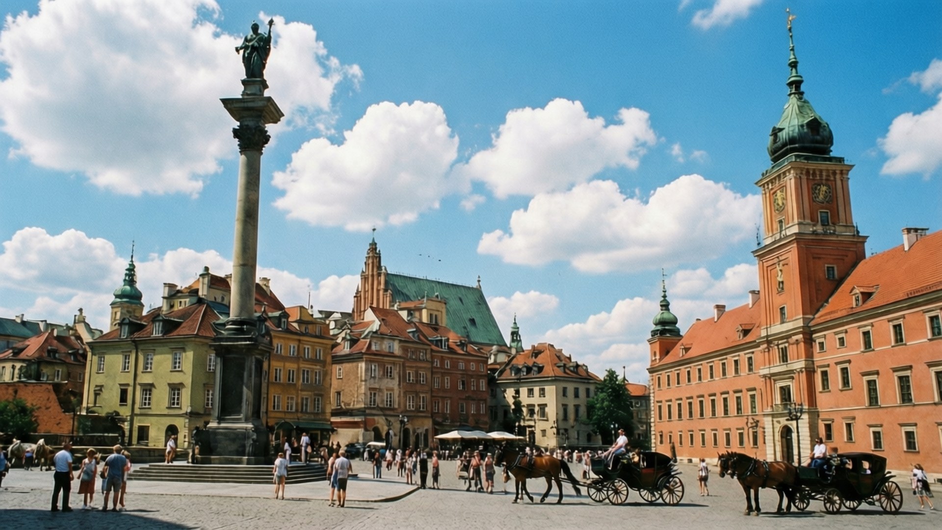 Warsaw Castle Square 壁紙 — 在歷史悠久的歐洲廣場上，陽光普照的一天，有高大的圓柱雕像、馬車和華麗的建築，藍天白雲。