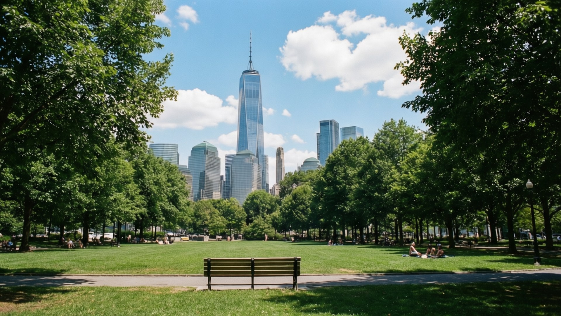 Liberty Park Vista 壁紙 — 一個陽光明媚的公園，有茂密的綠樹和木製長椅，面向標誌性的世界貿易中心一號樓和紐約市天際線，在明亮的藍天下有蓬鬆的雲朵。