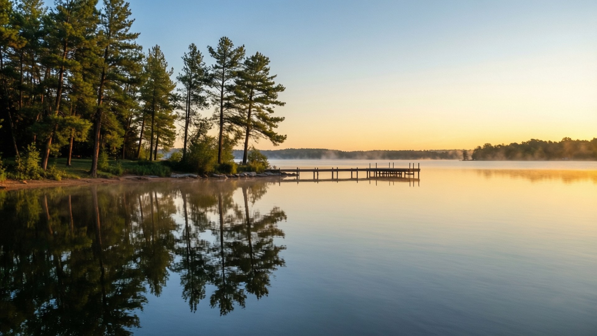 Lake Minnetonka Sunrise 壁紙 — 寧靜的日出籠罩著霧氣瀰漫的湖泊，木製碼頭延伸至平靜的水面，倒映著高大的松樹。