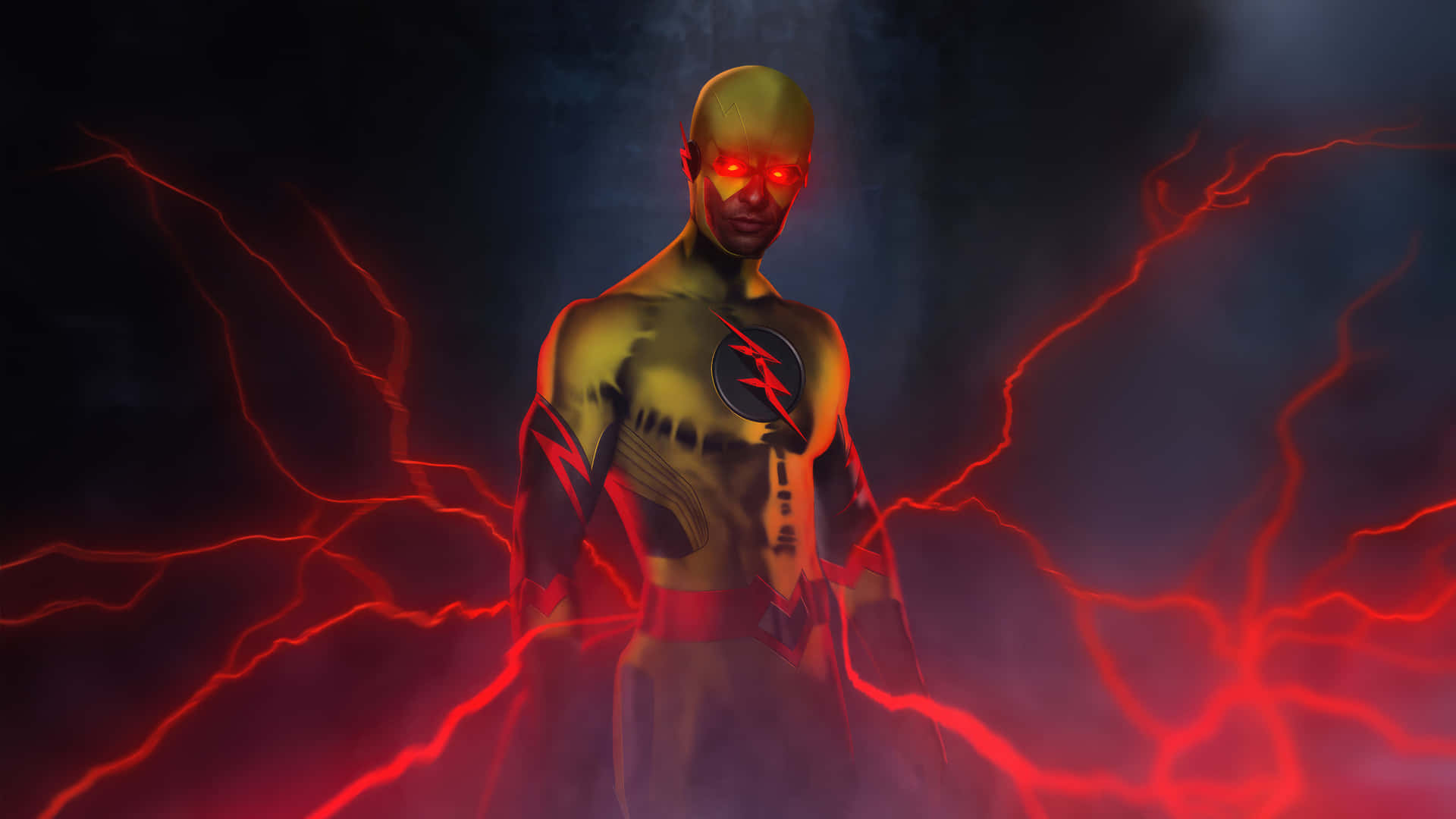  壁紙 — 一個超級英雄，擁有發光的紅色眼睛，身體散發出閃電，背景是黑暗煙霧繚繞。