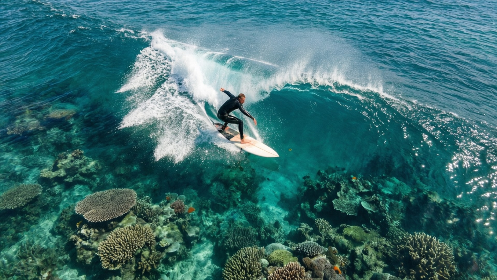 surf 桌布 壁紙 — 一位衝浪者在清澈海水和陽光照射的水花中，騎著碧綠色的海浪越過充滿活力的珊瑚礁。