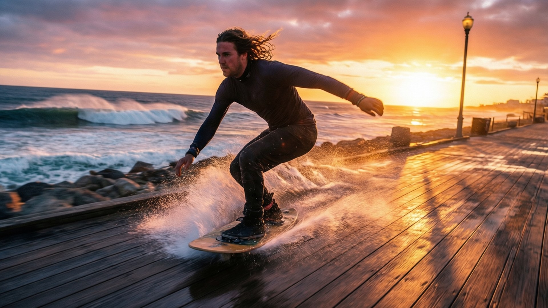Surfskate 桌布 壁紙 — 一名衝浪者在金色日落和充滿活力的橙色和粉紅色天空下沿著木碼頭衝浪。