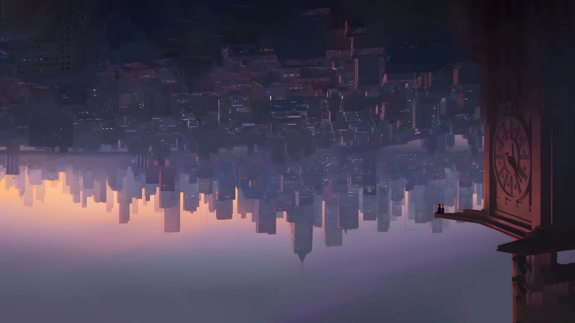  壁紙 — 黃昏時分的超現實城市景觀，建築物倒映在平靜的水面上，右側有鐘樓剪影。