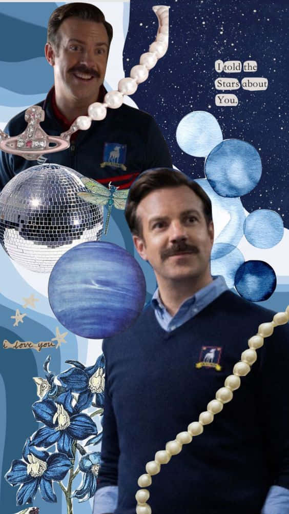  壁紙 — 一幅超現實拼貼畫，描繪一位留鬍鬚的男子，背景是星空藍色，點綴著珍珠、迪斯科球和花卉圖案。
