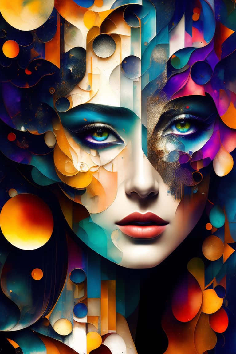  壁紙 — 一個超現實的數位肖像，描繪女性臉龐被鮮豔的抽象形狀和宇宙色彩的發光球體分割。
