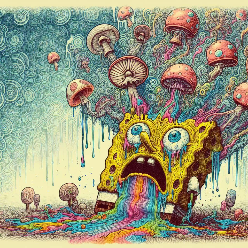  壁紙 — 一幅超現實插圖，描繪海綿寶寶融化在彩虹水窪中，周圍環繞著迷幻蘑菇和漩渦圖案。