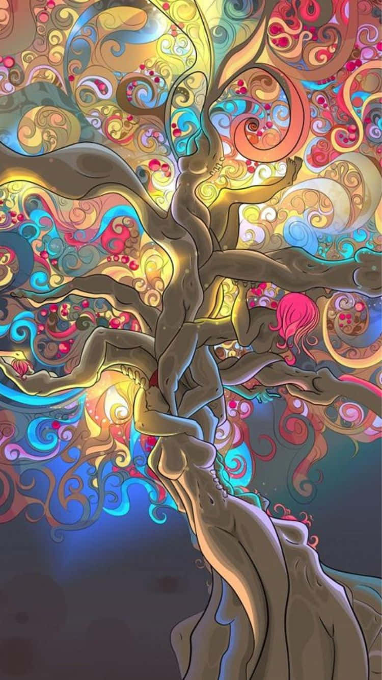  壁紙 — 一棵超現實的樹，由人形構成樹幹和樹枝，在深色背景上環繞著旋轉的彩色圖案。