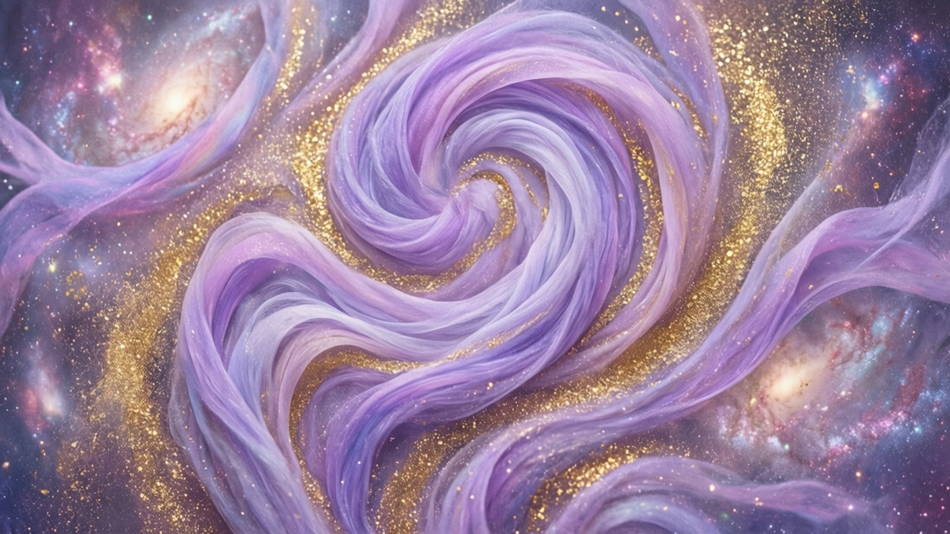 Periwinkle Cosmic Swirls 壁紙 — 薰衣草色和金色的旋轉宇宙星雲，閃爍的星星和星系漩渦。
