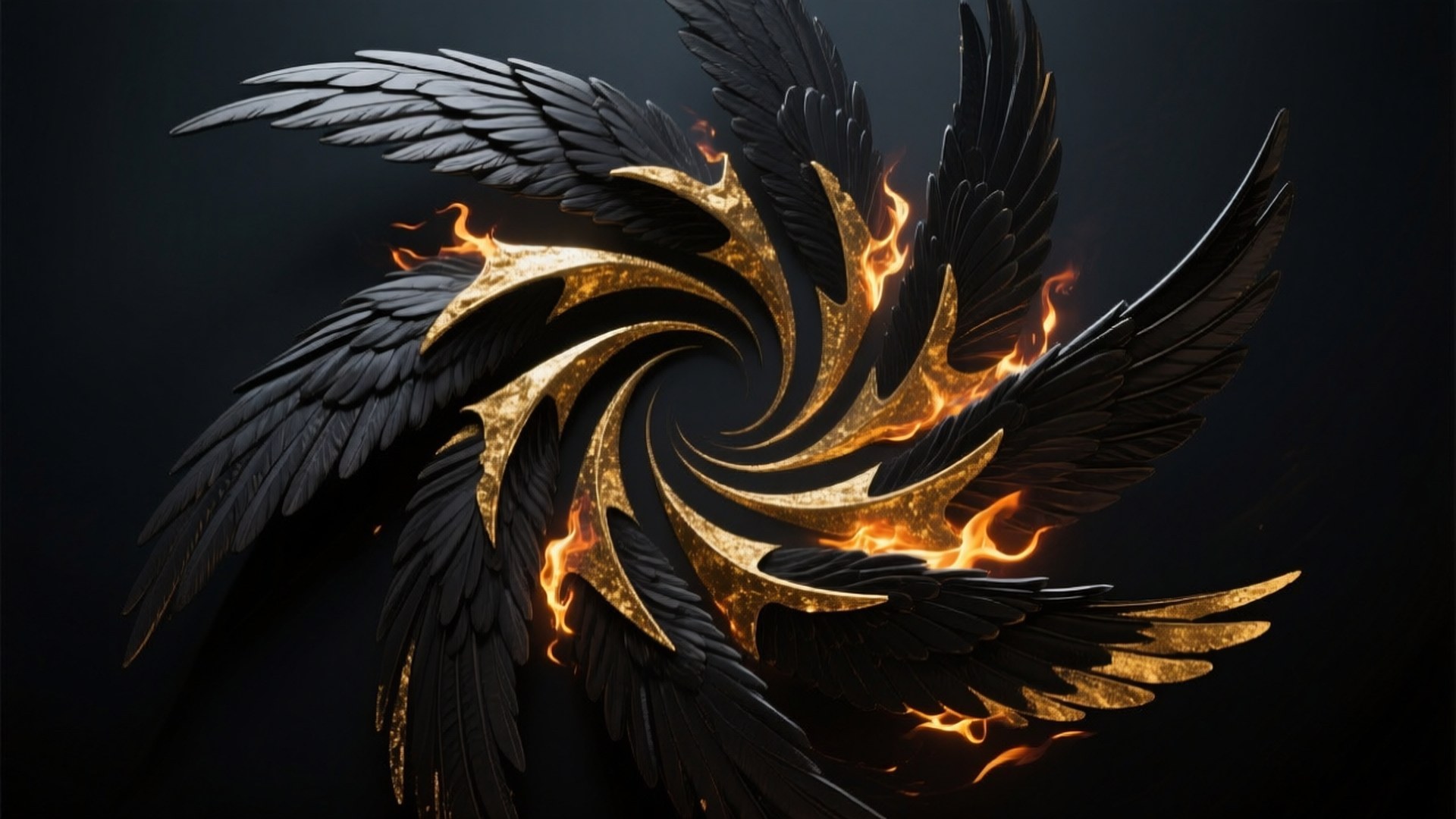 Spiral Black Wings Art 壁紙 — 一對旋轉的黑翼，帶有金色火焰邊緣，襯托在黑暗背景上。
