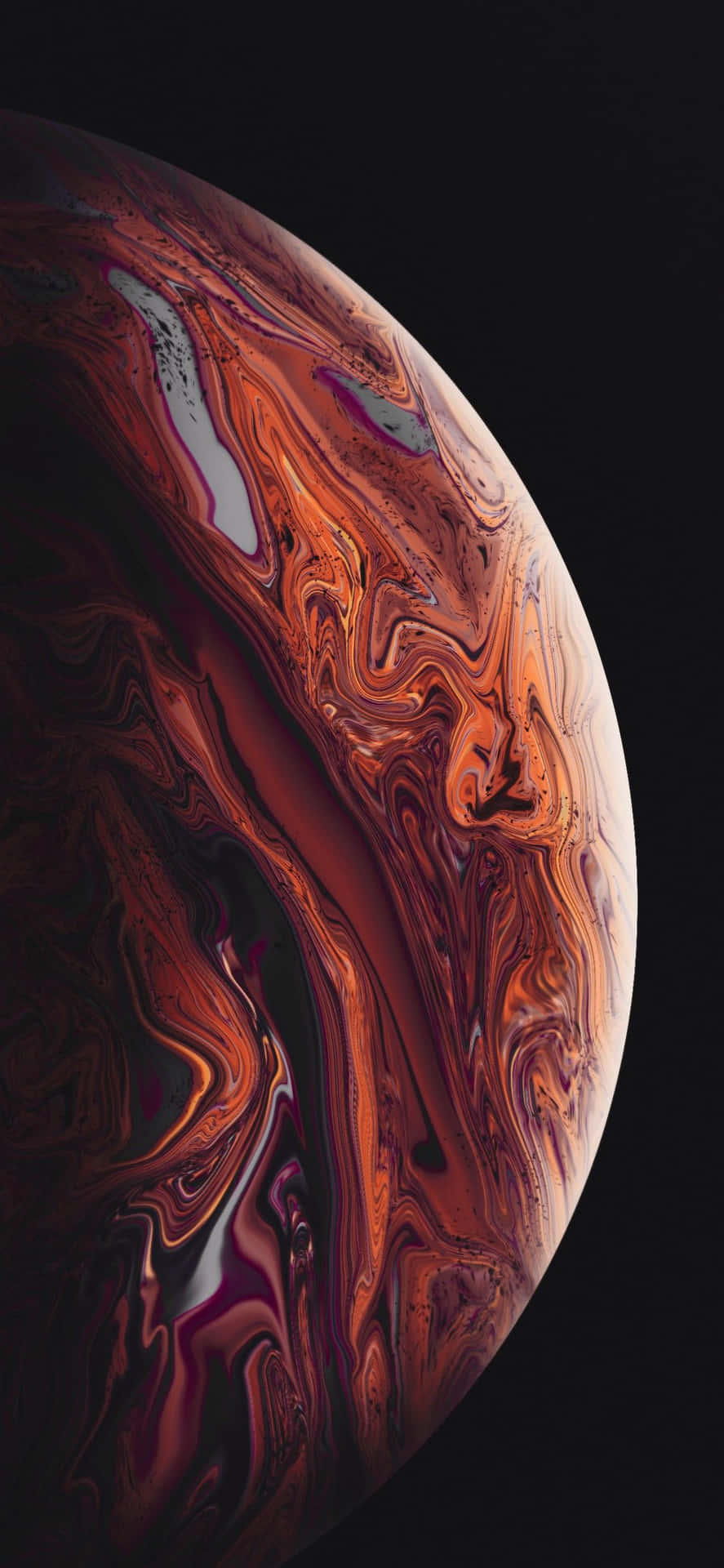 太空中一顆帶有旋轉橙色和紅色圖案的發光抽象行星。 — iPhone X 壁紙