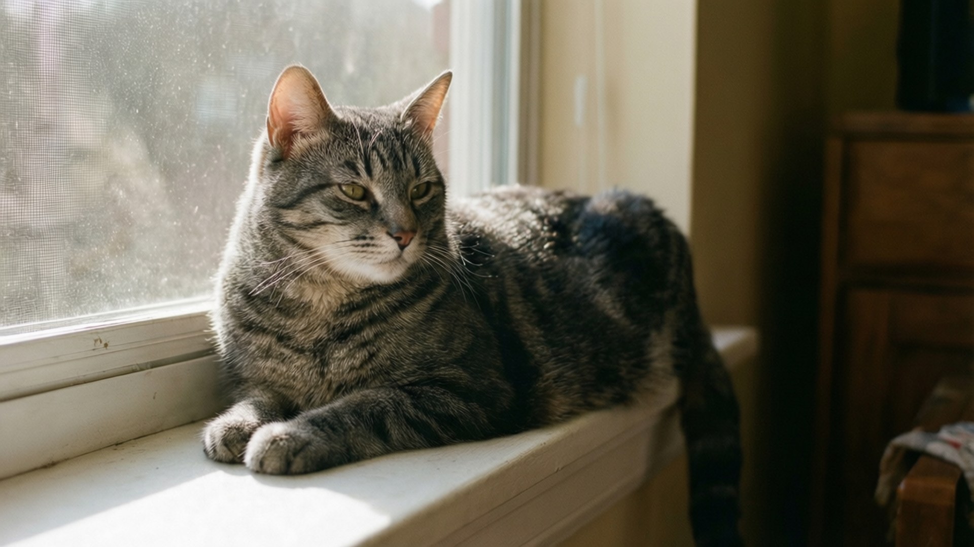 Cozy Gray Tabby Cat 壁紙 — 一隻虎斑貓在柔和陽光下躺在窗台上，背後是模糊的戶外景色。