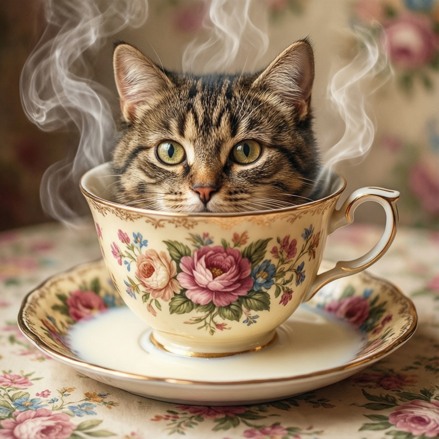 Teacup Surprise 壁紙 — 一隻虎斑貓從花卉茶杯邊緣探出頭來，蒸氣在牠的臉周圍升起。