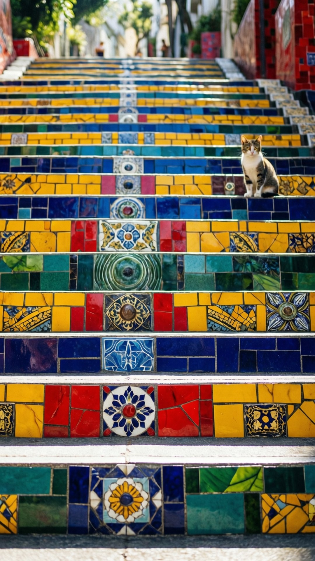 Selarón Staircase 壁紙 — 一隻虎斑貓坐在充滿活力的馬賽克瓷磚樓梯上，樓梯上有紅、黃、藍、綠色的鮮明幾何和花卉圖案。