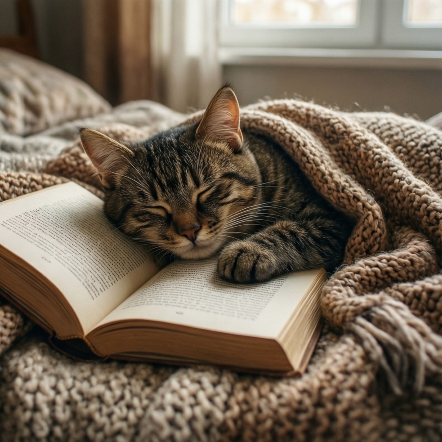 Cat Nap and Book 壁紙 — 一隻虎斑貓在窗邊厚編織毯子裡的一本打開的書上安然入睡。