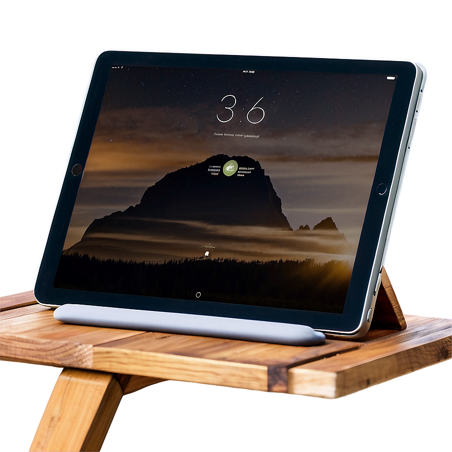 平板電腦顯示山景日出桌布於帶發光邊緣的木製支架上。 — iPad 壁紙