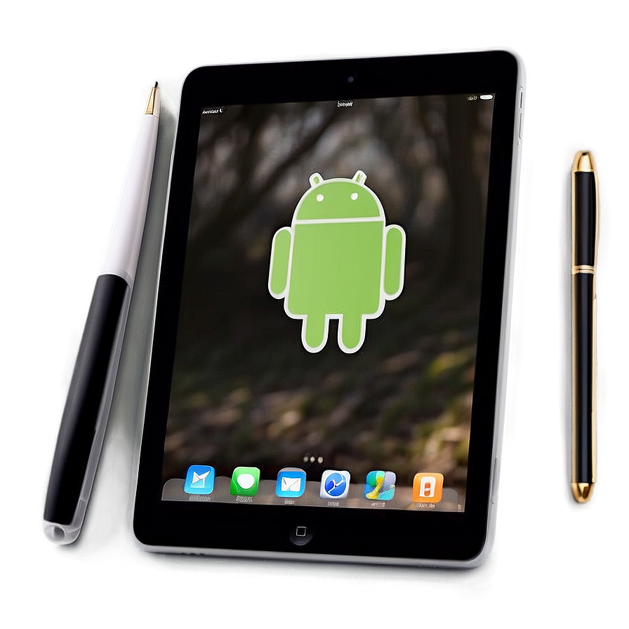 平板電腦帶有Android標誌和兩支筆，放在深色表面上。 — iPad 壁紙